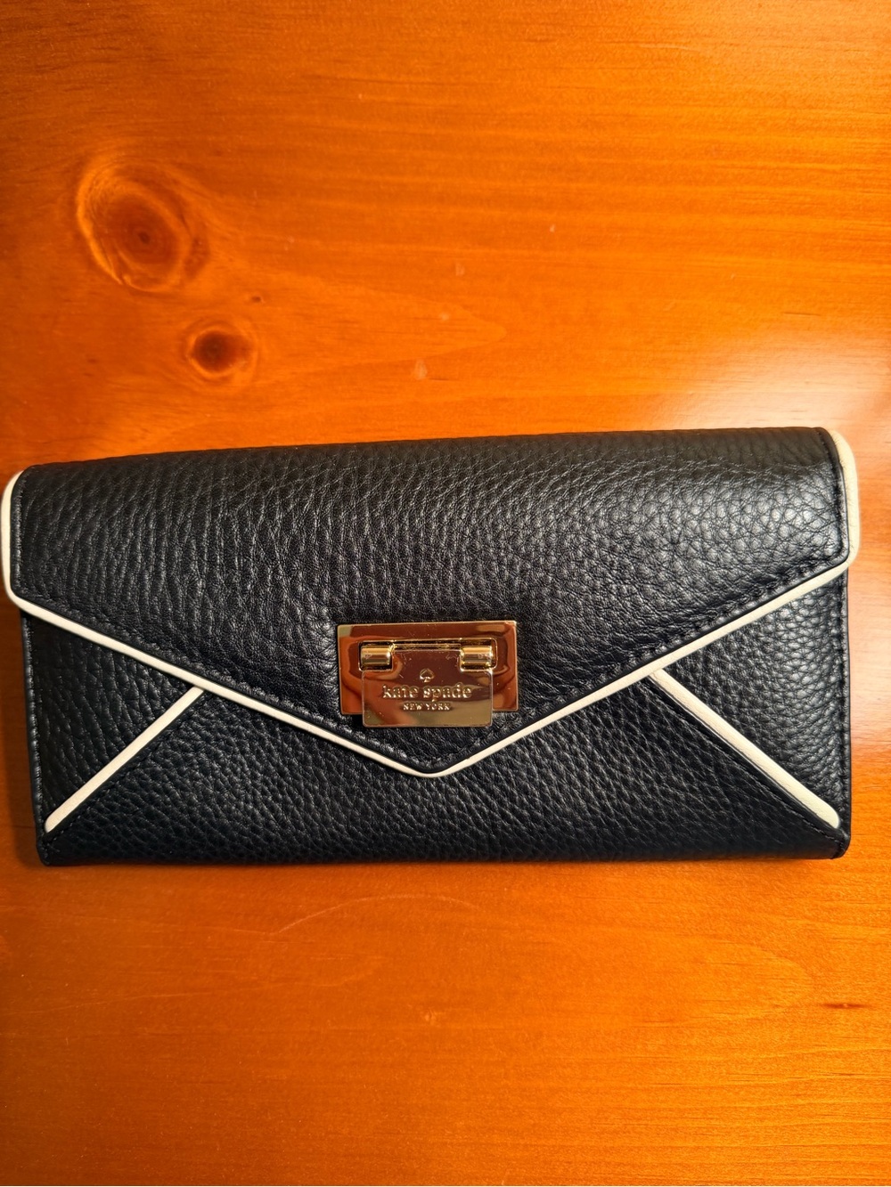Kate Spade Black Pebbled Leather Envelope Wallet with Cream Trim